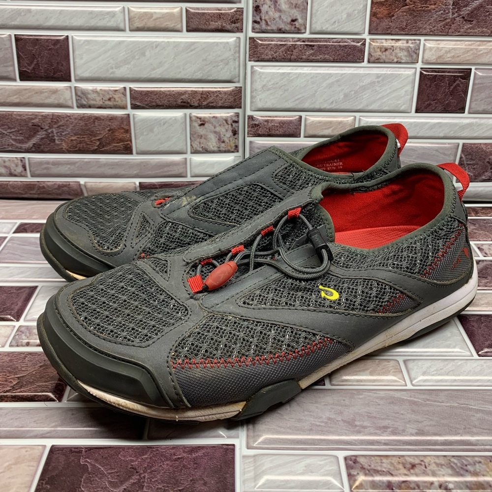 Olukai Women Eleu Trainer Grey Red Mesh Cinch Slip On Water Shoe 20291-6C43 Sz9